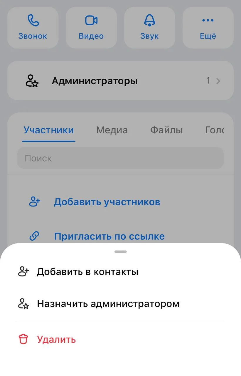 Меню участника в MAX с пунктом «Назначить администратором»